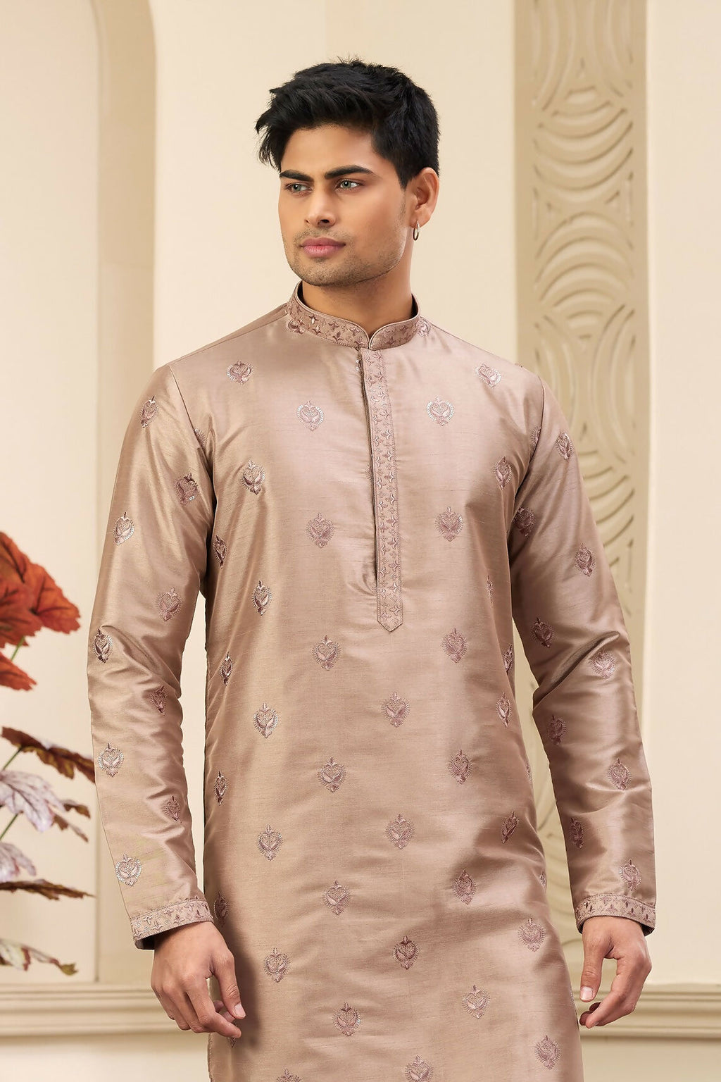Raivat Ethnic Men's Art Silk Thread Work Kurta Pyjama In Brown Colour