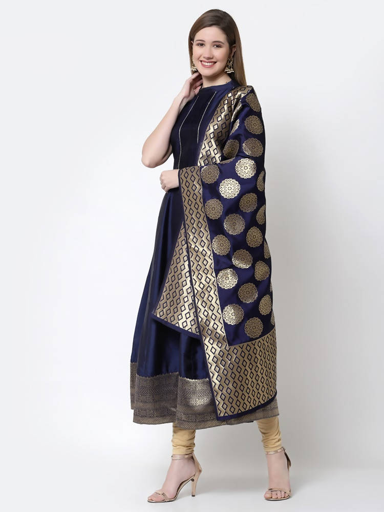 Myshka Blue Color Silk blend Solid Sleeveless Anarkali Gown With Dupatta
