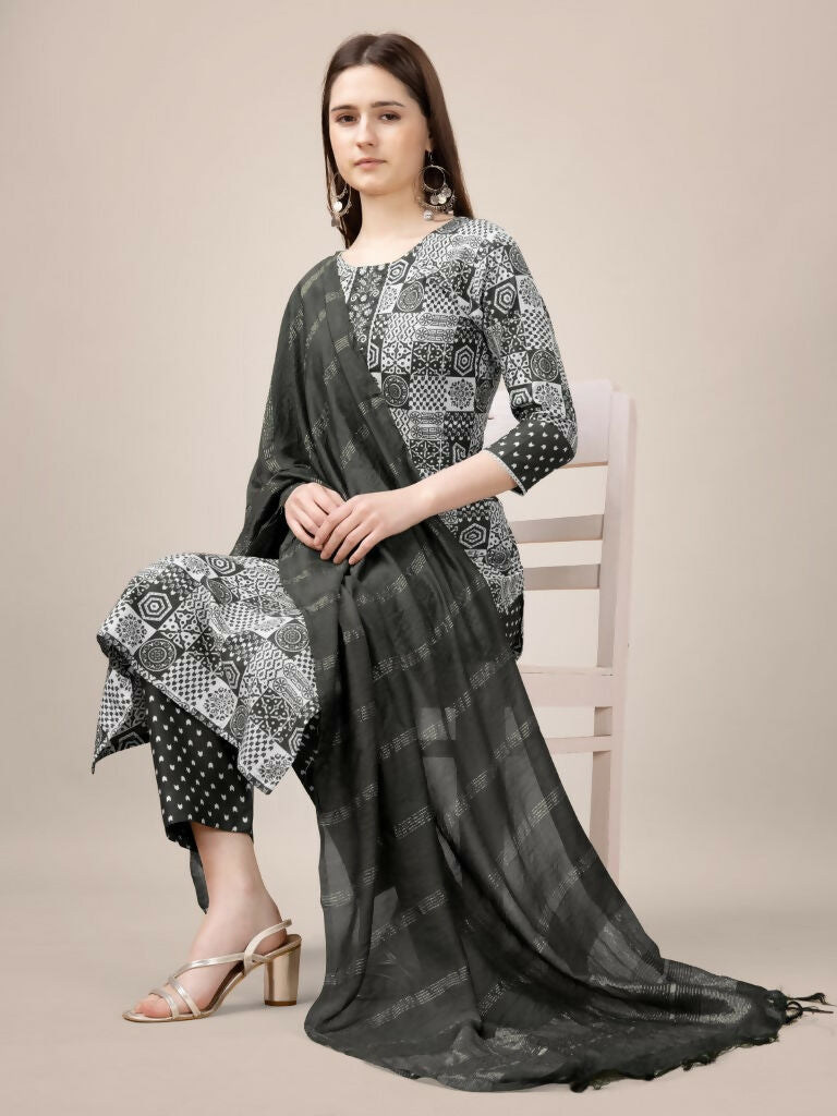 Jyoti Fashion Women's Black Rayon Print with Embroidery & Fancy Lace Work Kurta with Trouser & Dupatta