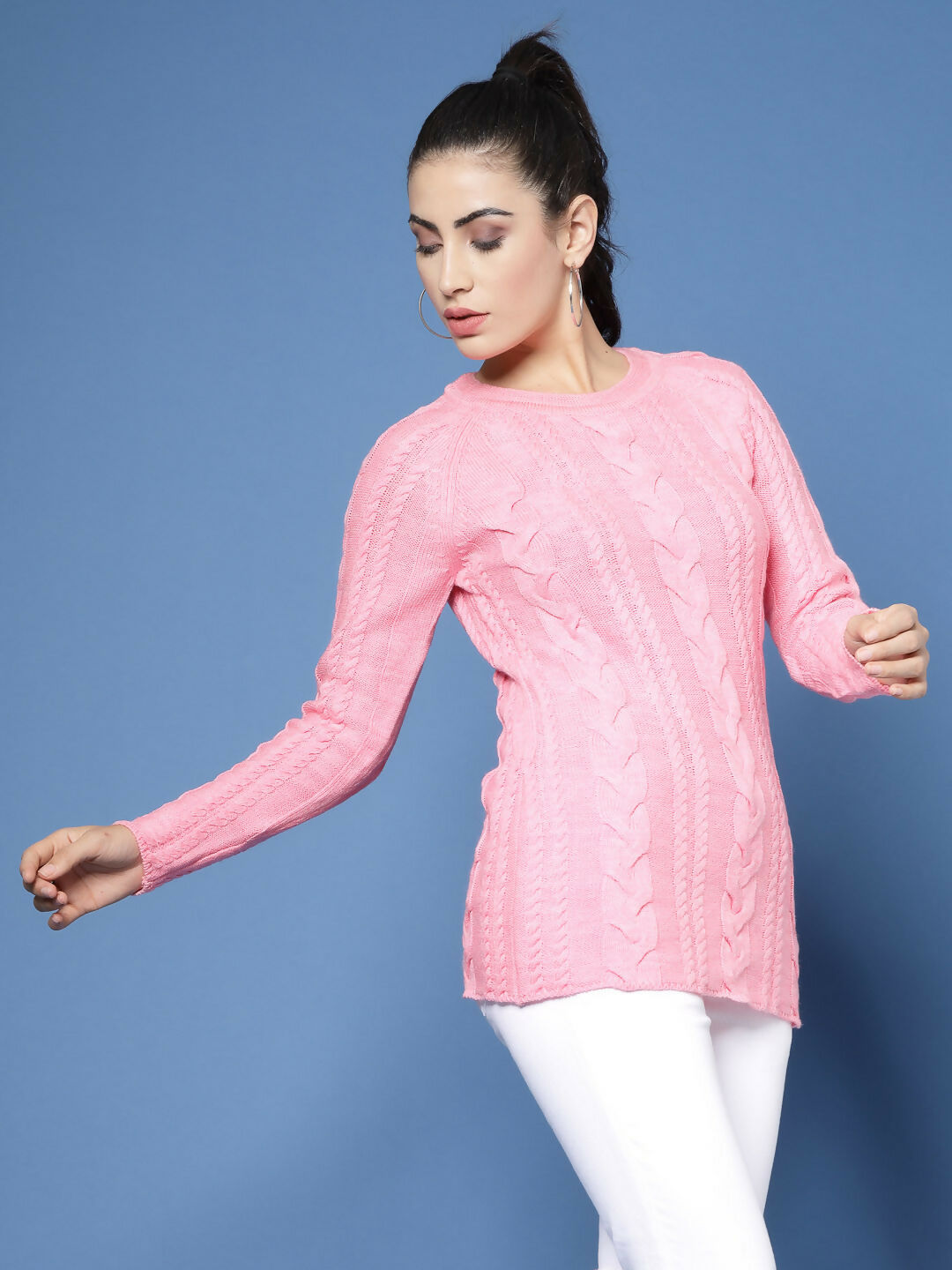 Women Pink Acrylic Self Design Winter Dress - Wool Trees