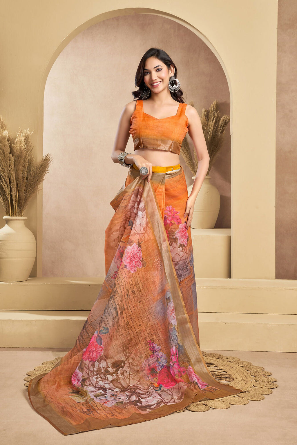 Vastranavya Orange Digital Printed Linen Ready To Wear Designer Saree with Unstitched Blouse