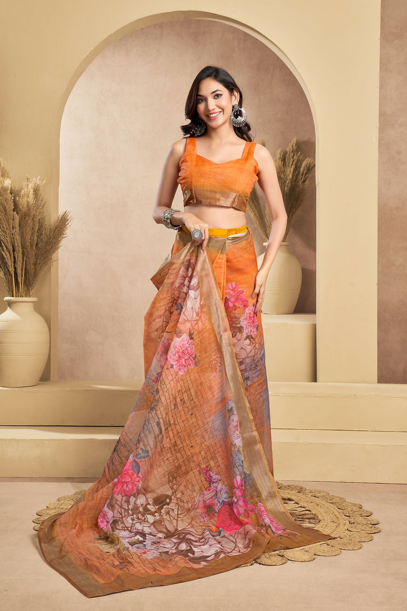 Vastranavya Orange Digital Printed Linen Ready To Wear Designer Saree with Unstitched Blouse