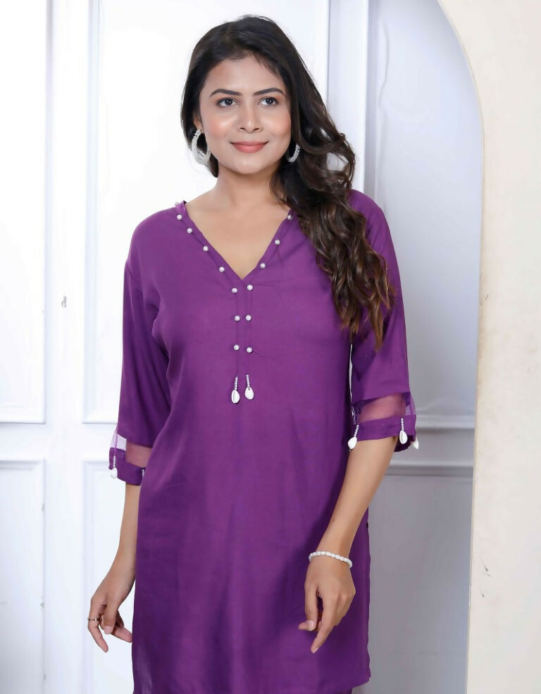 Miravan Women's Purple Solid Rayon Straight Co-Ord Set