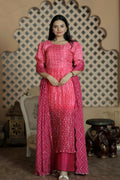 Jyoti Fashion Women's Pink Muslin Floral Print with Crush Pleating Kurta with Trouser & Dupatta