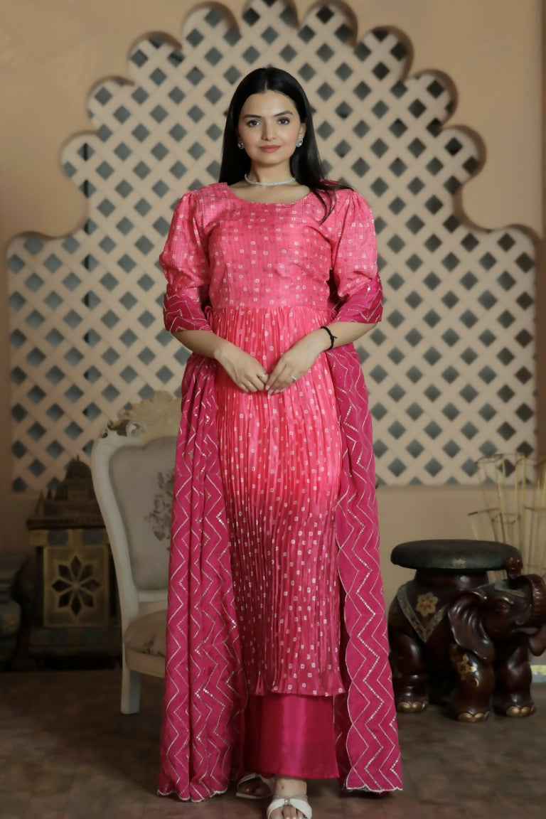 Jyoti Fashion Women's Pink Muslin Floral Print with Crush Pleating Kurta with Trouser & Dupatta