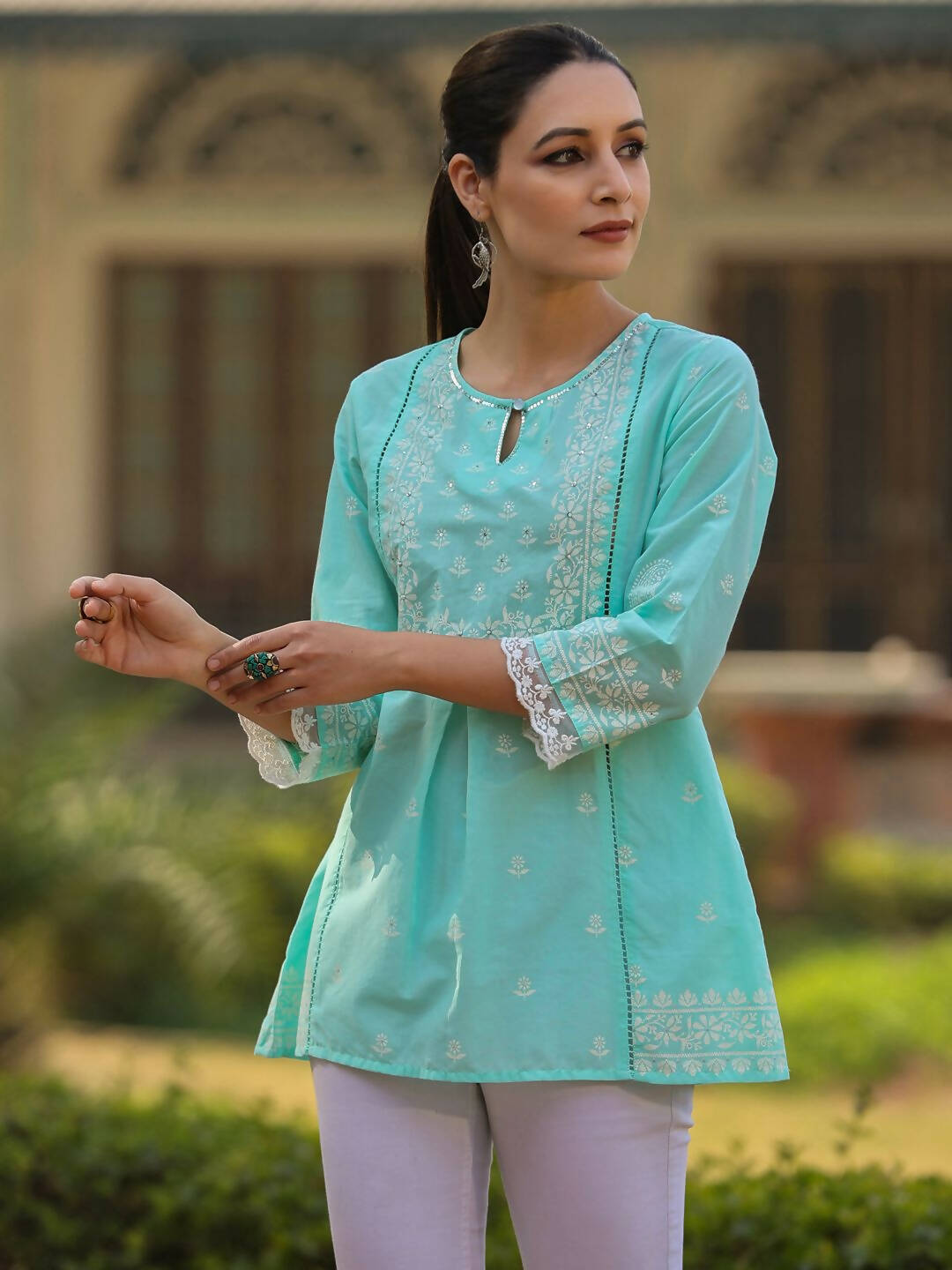 Juniper Women's Aqua Cambric Floral Printed Tunic