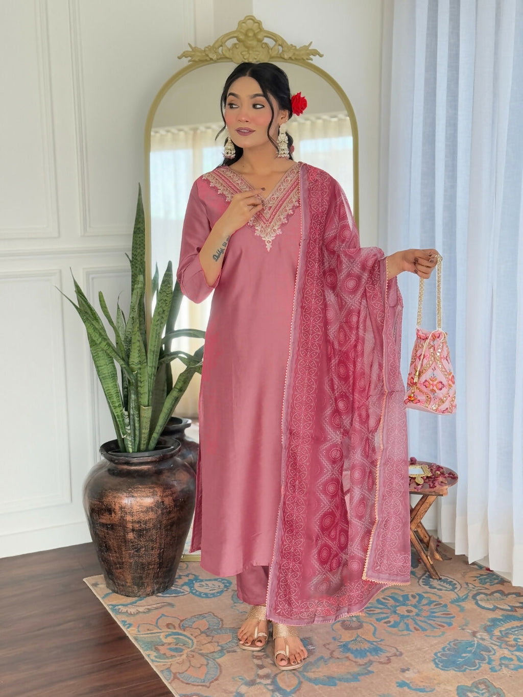 The52 Gajri Women's Beautiful Embroidered Rayon Fabric with Straight Kurta, Pant and Dupatta Set