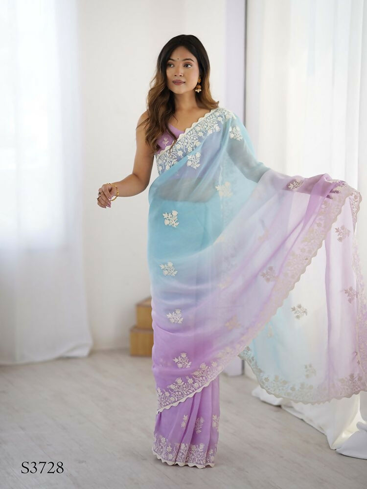 Lavender Crunchy Silk Embroidery Work Party Wear Saree - Lakshita