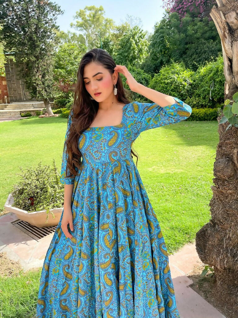 Jyoti Fashion Women's Turquoise Heavy Digital Printed Cotton Silk Anarkali Dress