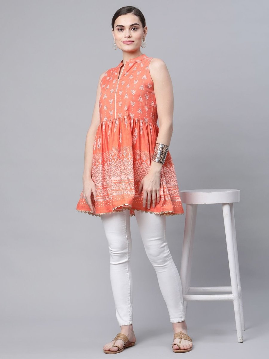 Ahalyaa Women Orange Pure Cotton Porcian Print Tunic