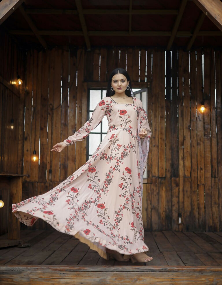 Jyoti Fashion Women's Cream Faux Georgette Floral Digital Printed Anarkali Dress with Dupatta