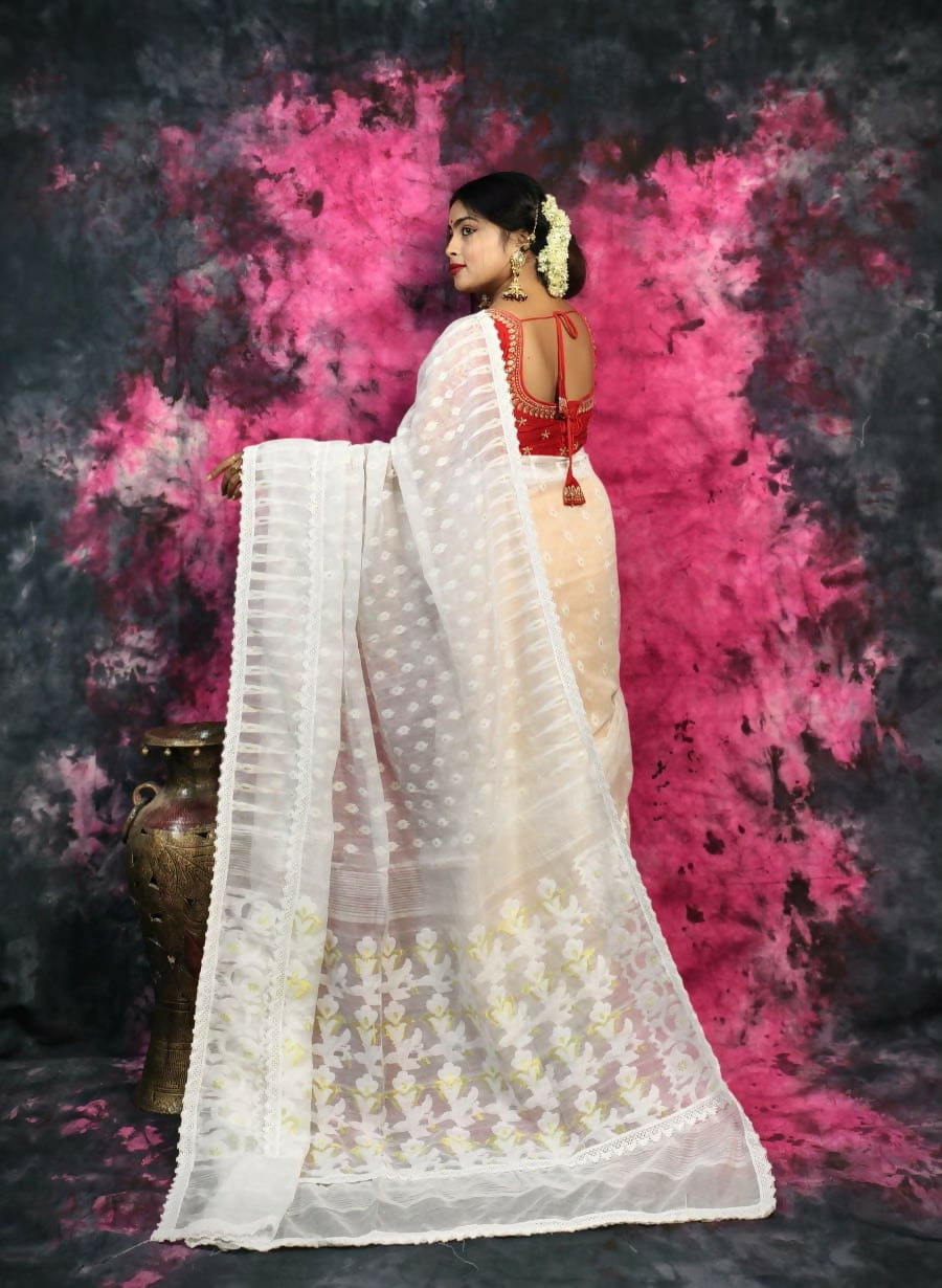 Exclusive Collection Beautiful White Jaal Jamdani Saree