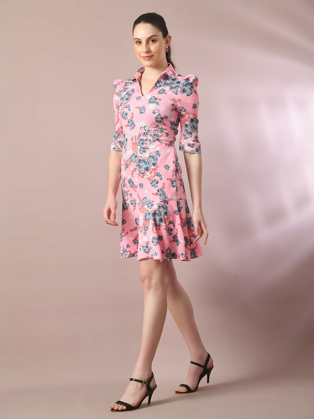 Myshka Women's Pink Printed Shirt Collar Fit and Flare Party Dress