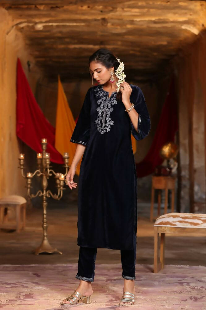 Juniper Women Navy Velvet Embroidered Straight Kurta Sets