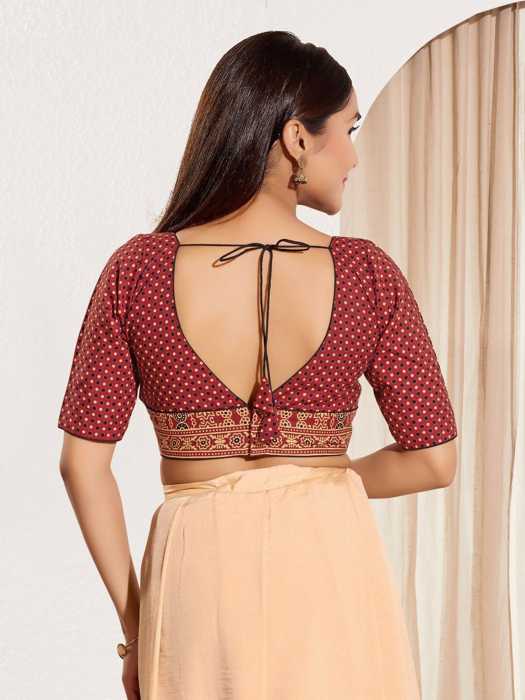 Joban Fashion Maroon Cotton Padded Blouse With V Neck Elbow Sleeves