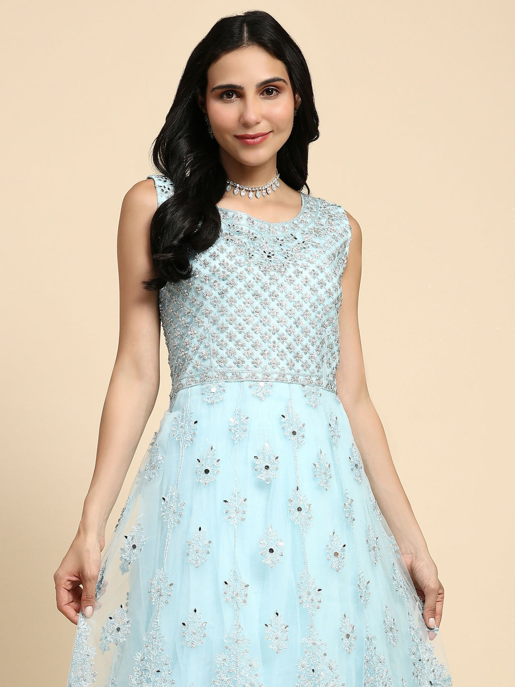 Blue Net Hand Embroidered Gown - Rudrani