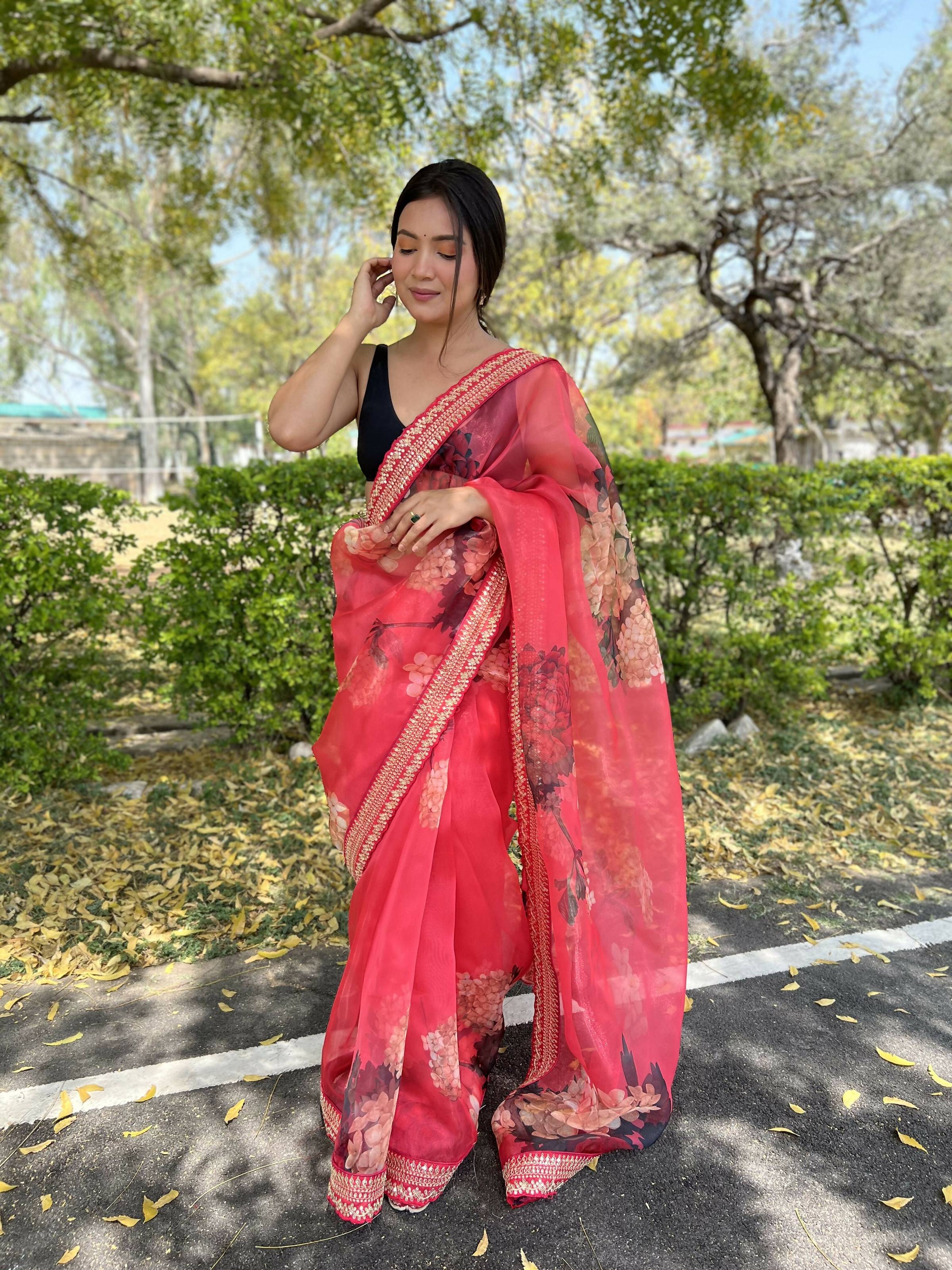 Vamsee Kali Patti Red Organza Saree