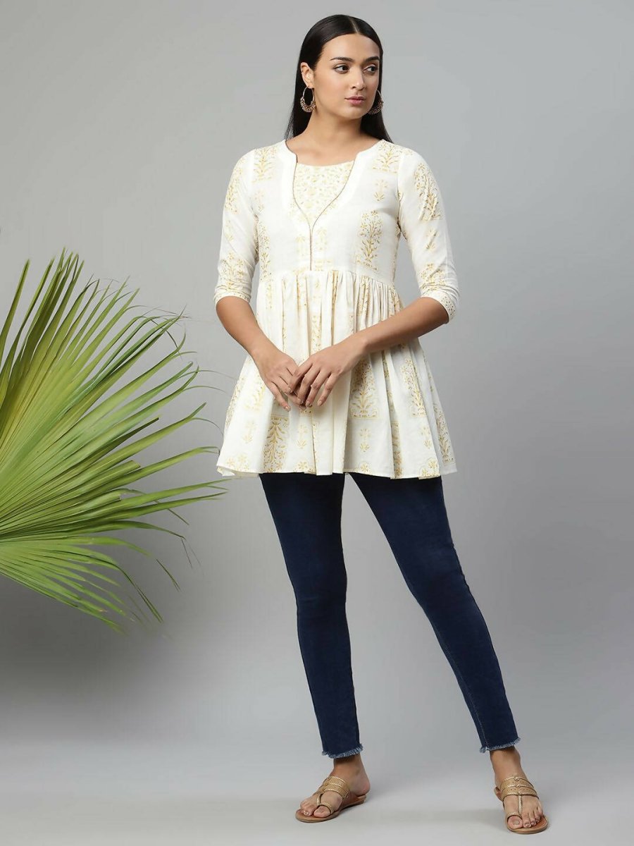 Ahalyaa Women Off White Beautiful Pure Cotton Printed Tunic