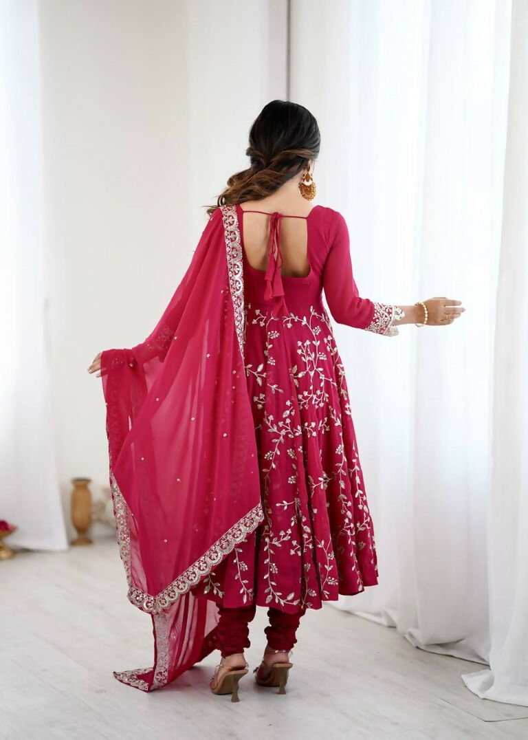 Teeya Creation Red Color Heavy Faux Georgette Embroidery Work Gown