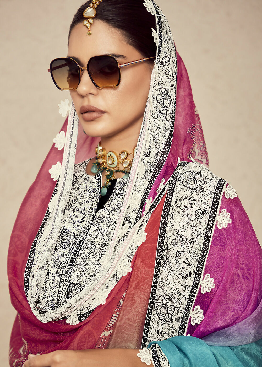 Off White Muslin Cotton Digital Print & Embroidered Salwar Suit - Emponline