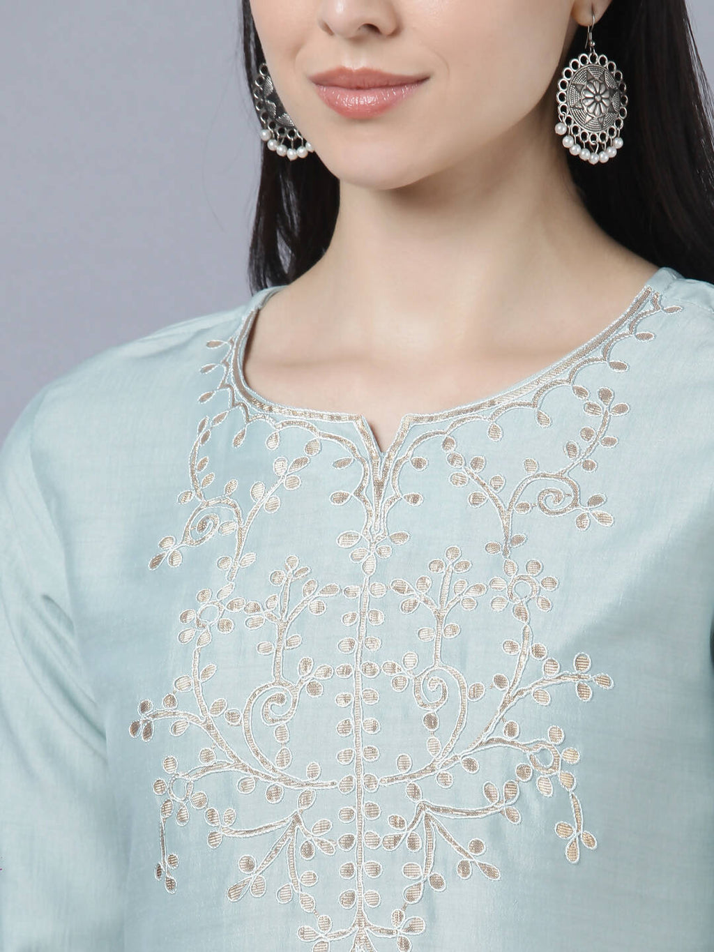Myshka Women Grey Yoke Design Gotta Patti Kurta with Trousers Dupatta Set