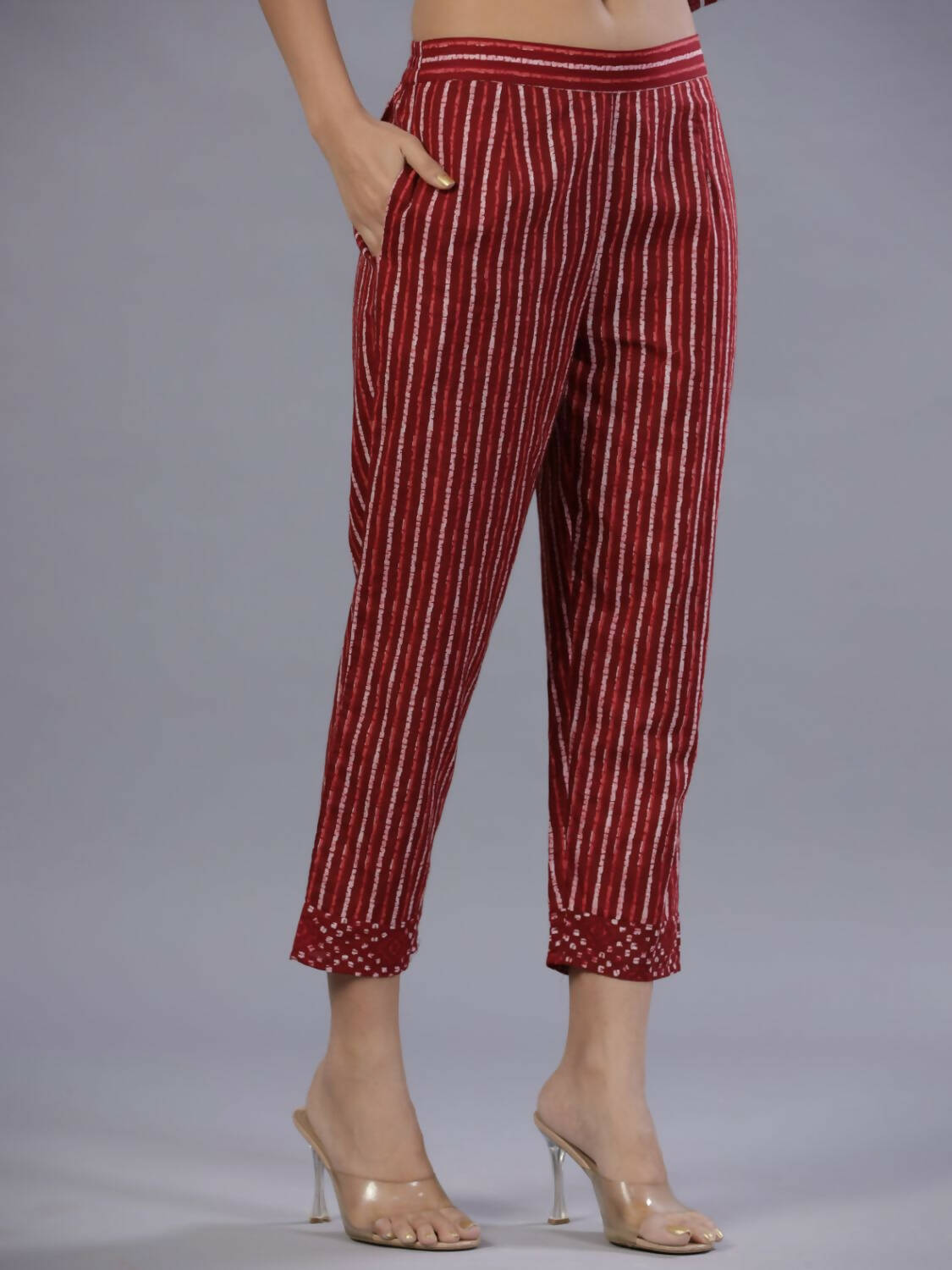 Juniper Women Maroon Cotton Cambric Batik texture Printed Kurta, Pants and Dupatta Set
