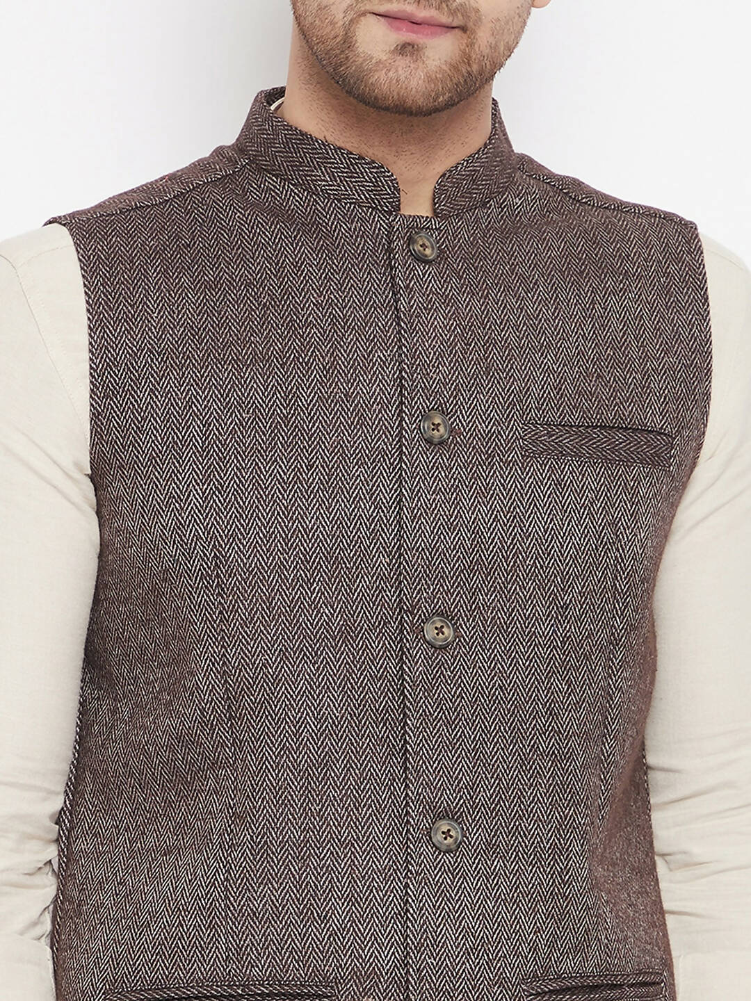 Even Apparels Brown Wool Men Woven Nehru Jacket