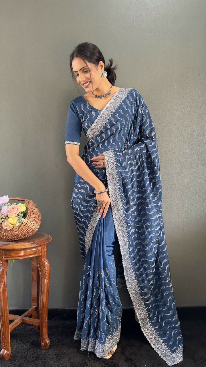 Vastranavya Sea Blue Chinnon Silk Embroidery Multi Sequence & Arco Cut Work Ready to Wear Saree