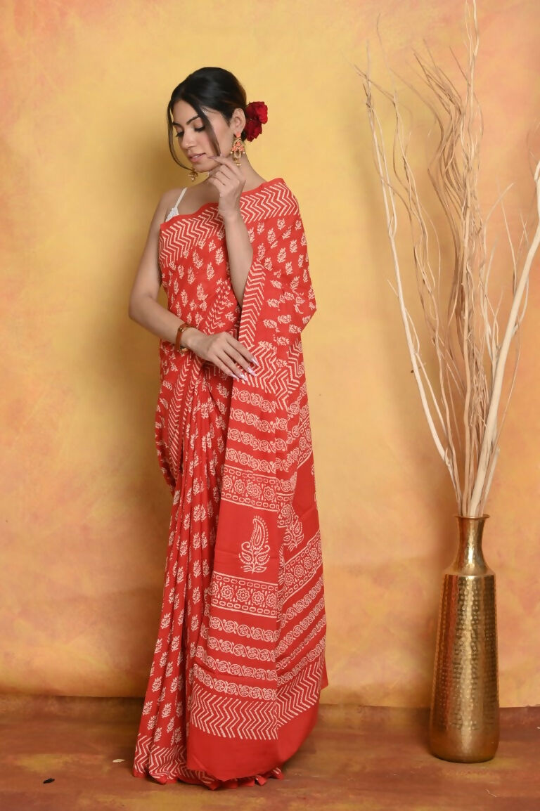 Very Much Indian Handblock Printed Cotton Saree With Natural Dyes - Orange