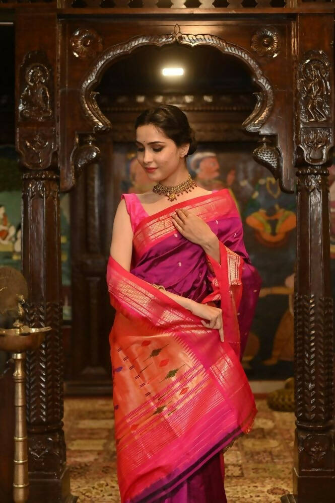 Very Much Indian Pure Silk Paithani With Most Magenta With Contrast Pink