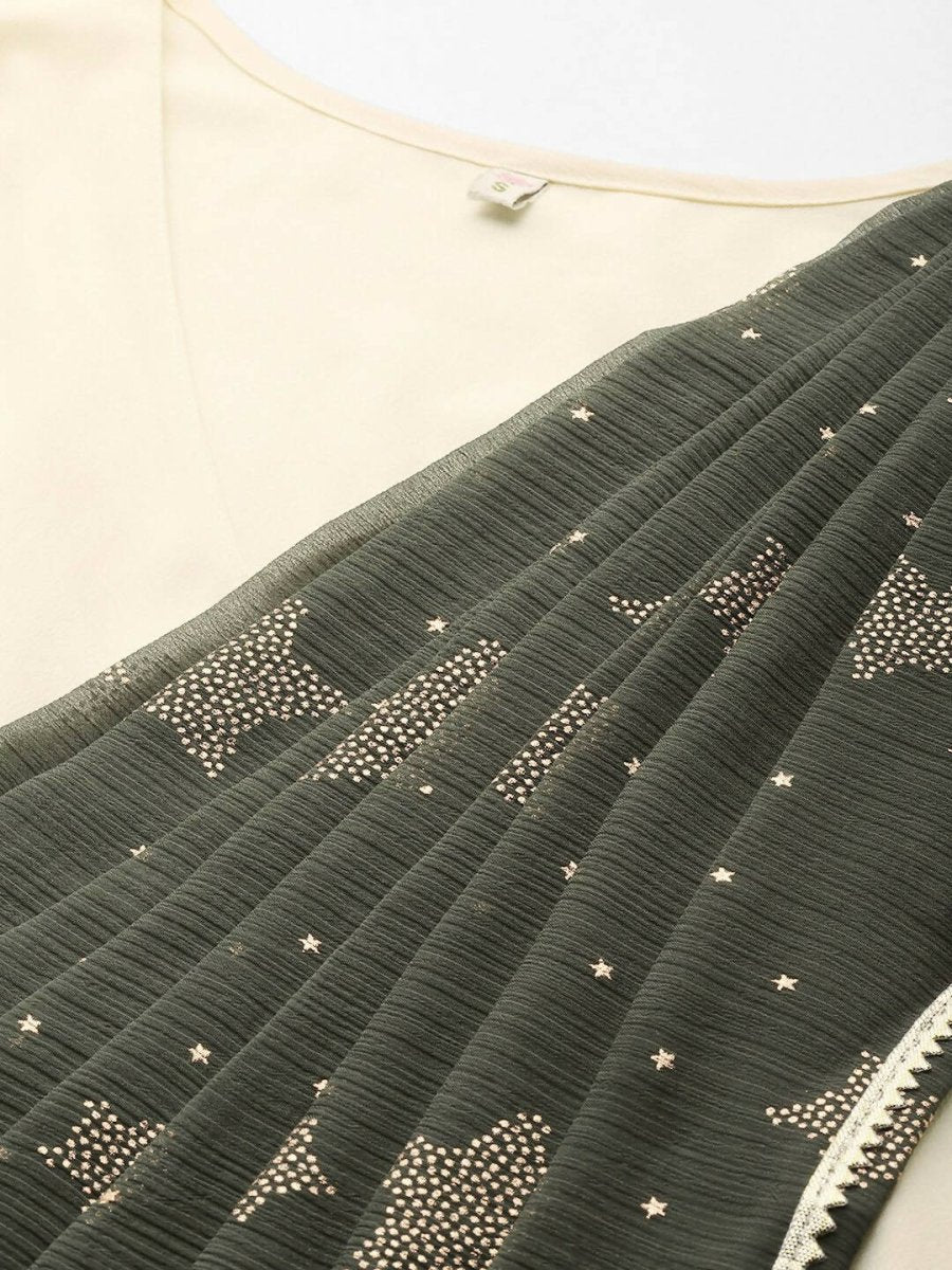 Ahalyaa Off White & Olive Green Ethnic Maxi Dress with Attached Dupatta