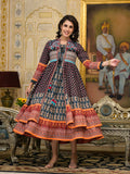 Juniper Women's Black Ethnic Motif Printed Cotton Dress With Coins Thread & Mirror Work