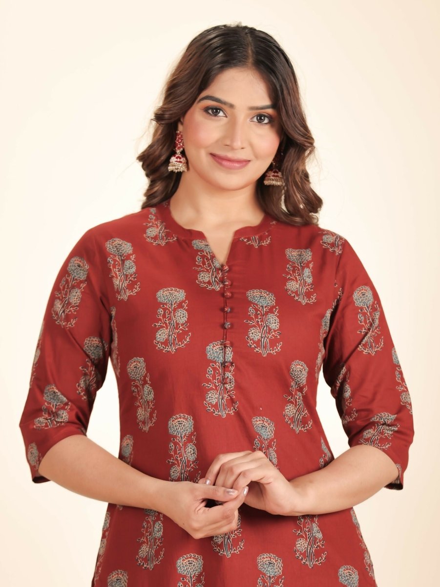 Aramya Maroon Soft Cotton Floral Straight Kurta for Women