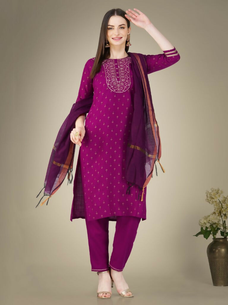 Jyoti Fashion Women's Purple Cotton Magic Slub Embroidery & Sequence work Kurta with Trouser & Dupatta