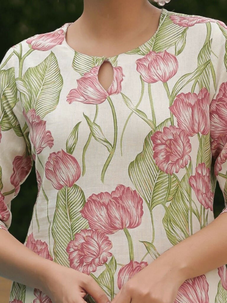 Aramya Straight Linen Cotton Floral Print Women's Kurta - Off White