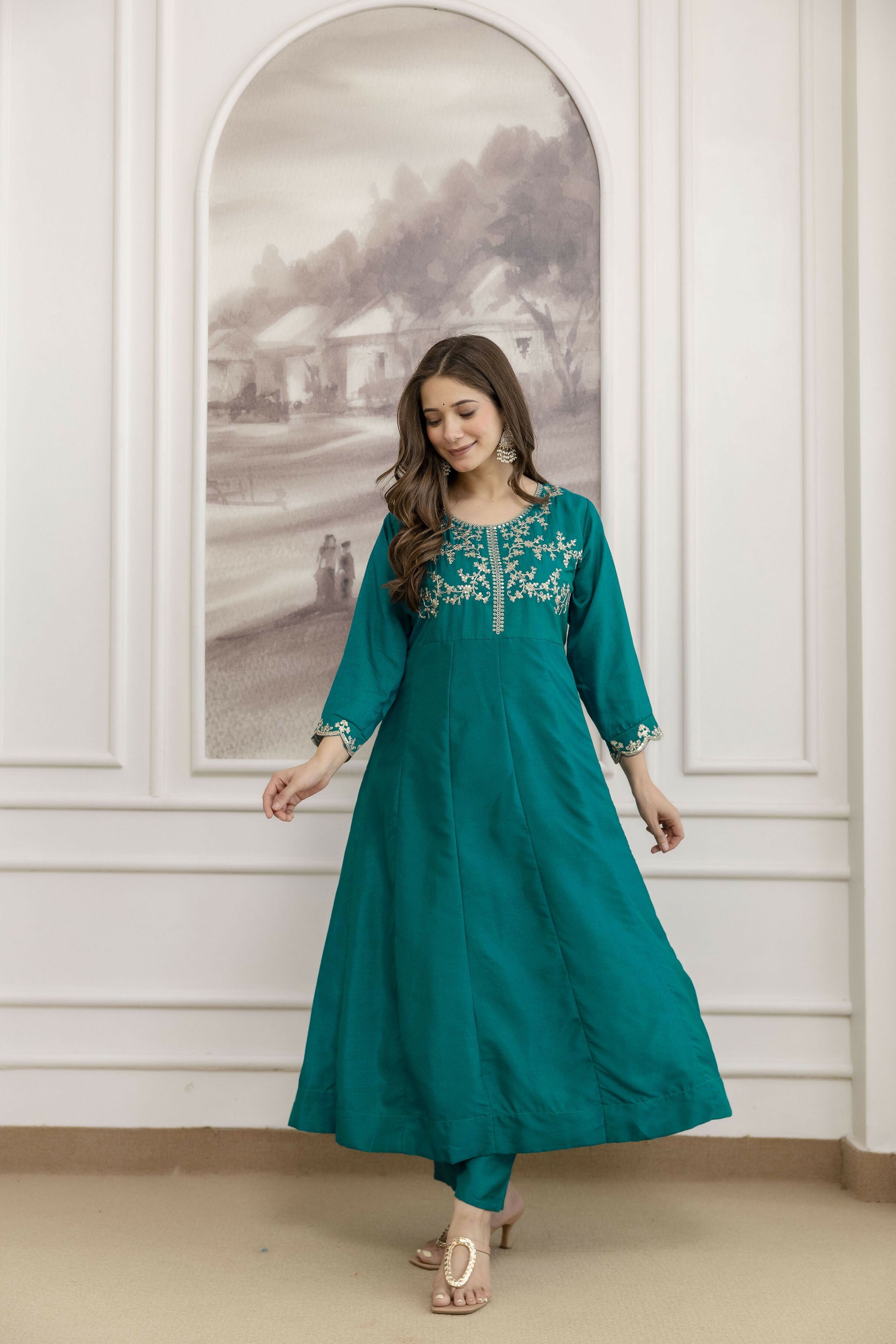 The52 Rama Women's Beautiful Vichitra Silk Fabric Embroidered Work Flared Anarkali Pant and Dupatta Set