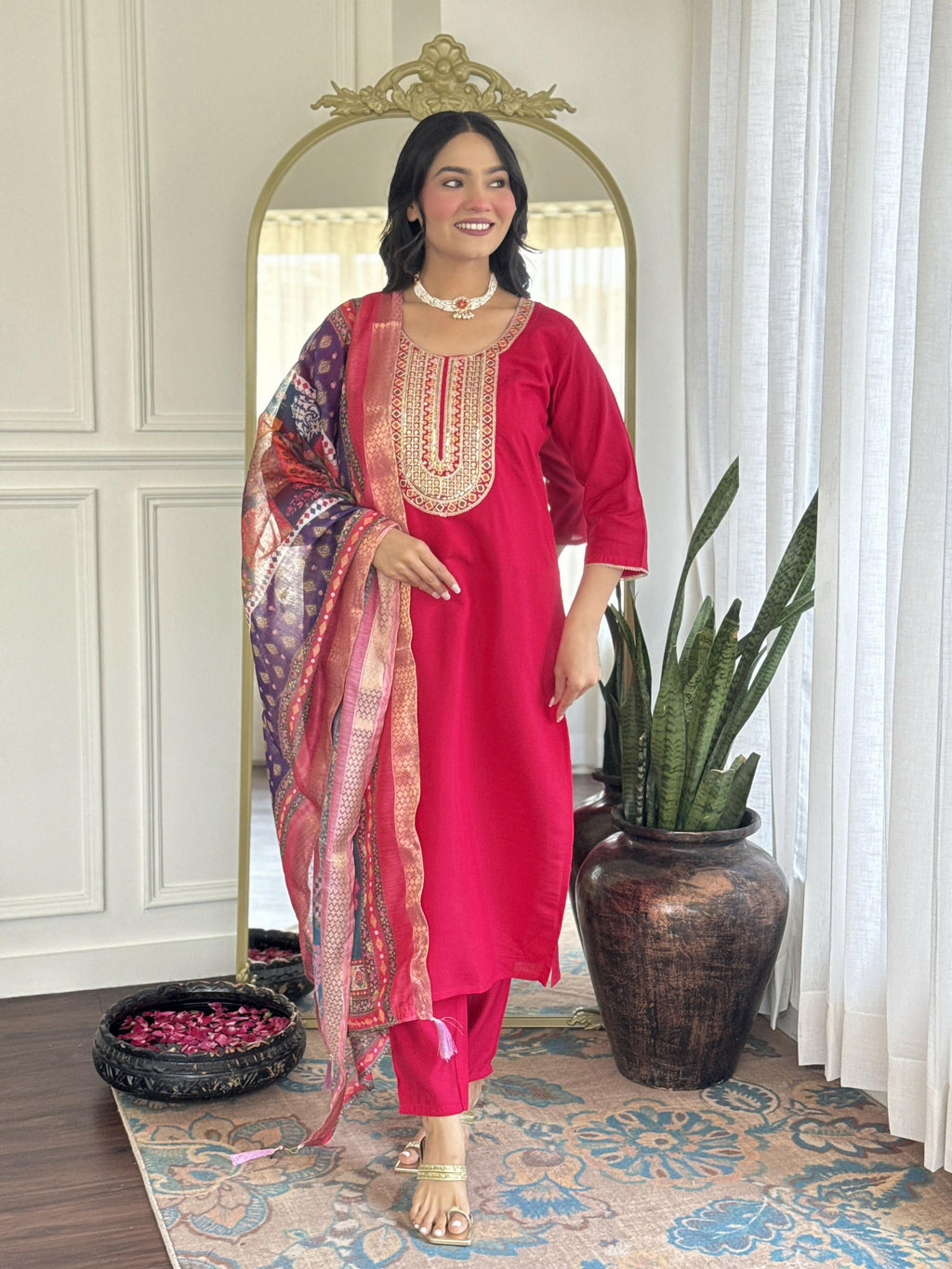 The52 Rani Gorgeous Embroidered Chanderi Silk Fabric Straight Kurta Pant with Dupatta Set