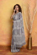 Very Much Indian Handblock Printed Cotton Saree With Natural Dyes - Grey