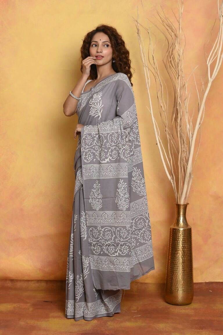 Very Much Indian Handblock Printed Cotton Saree With Natural Dyes - Grey