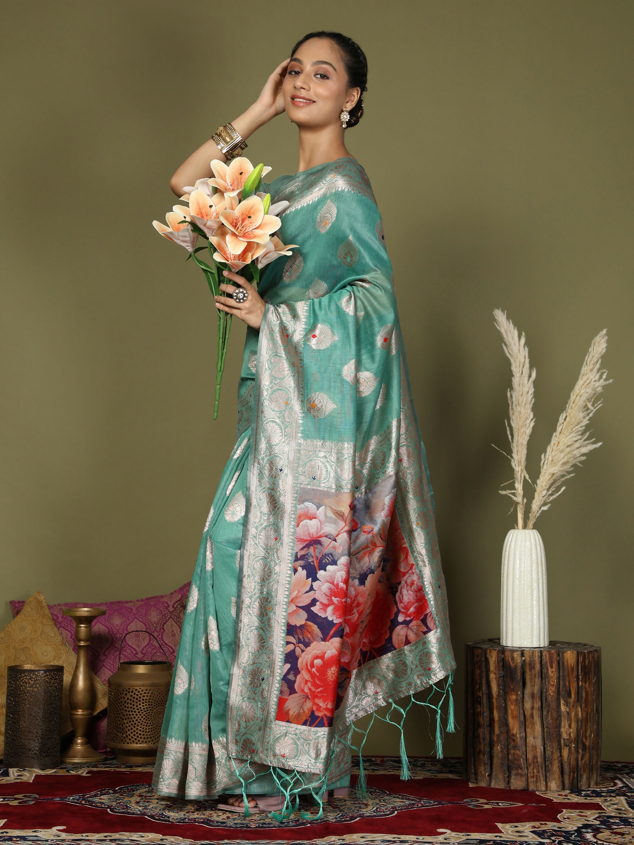 Shree Shyam Fashion Linen Cotton Rama Green Saree