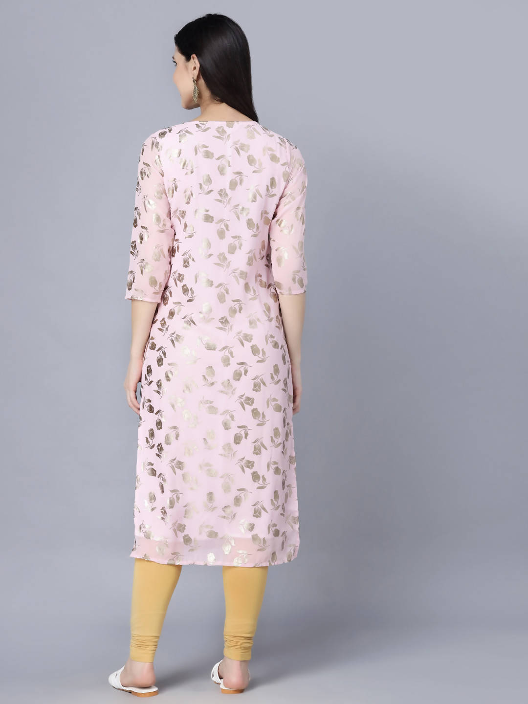 Myshka Women Pink Floral Printed Gotta Patti Georgette Kurta