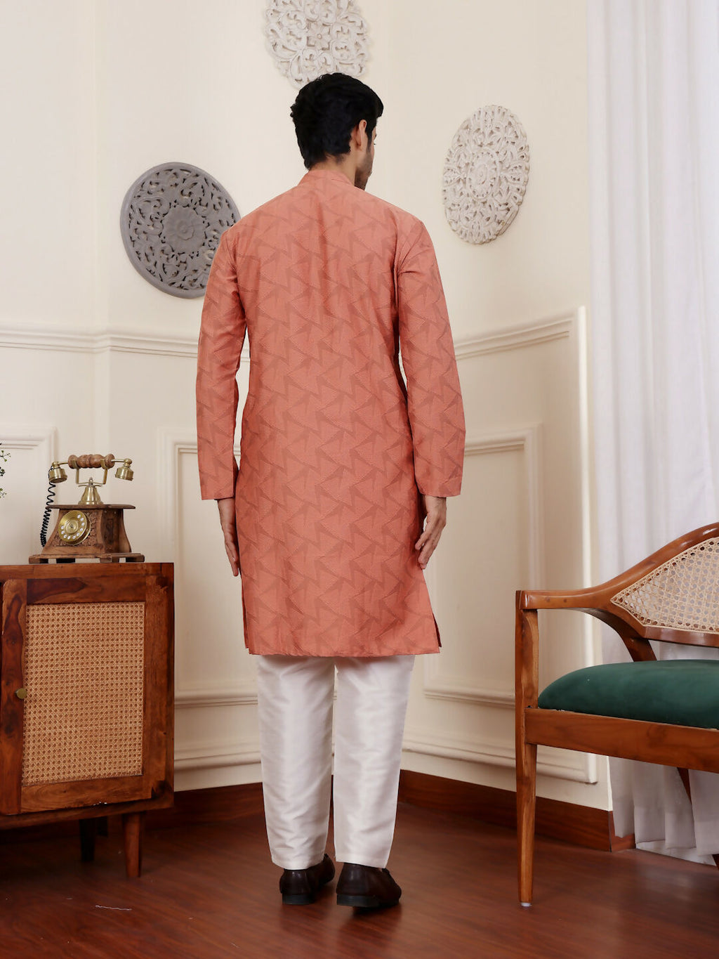 Orange Viscose Woven Jacquard Work Men's Rajwadi Kurta Set - Mahotsav