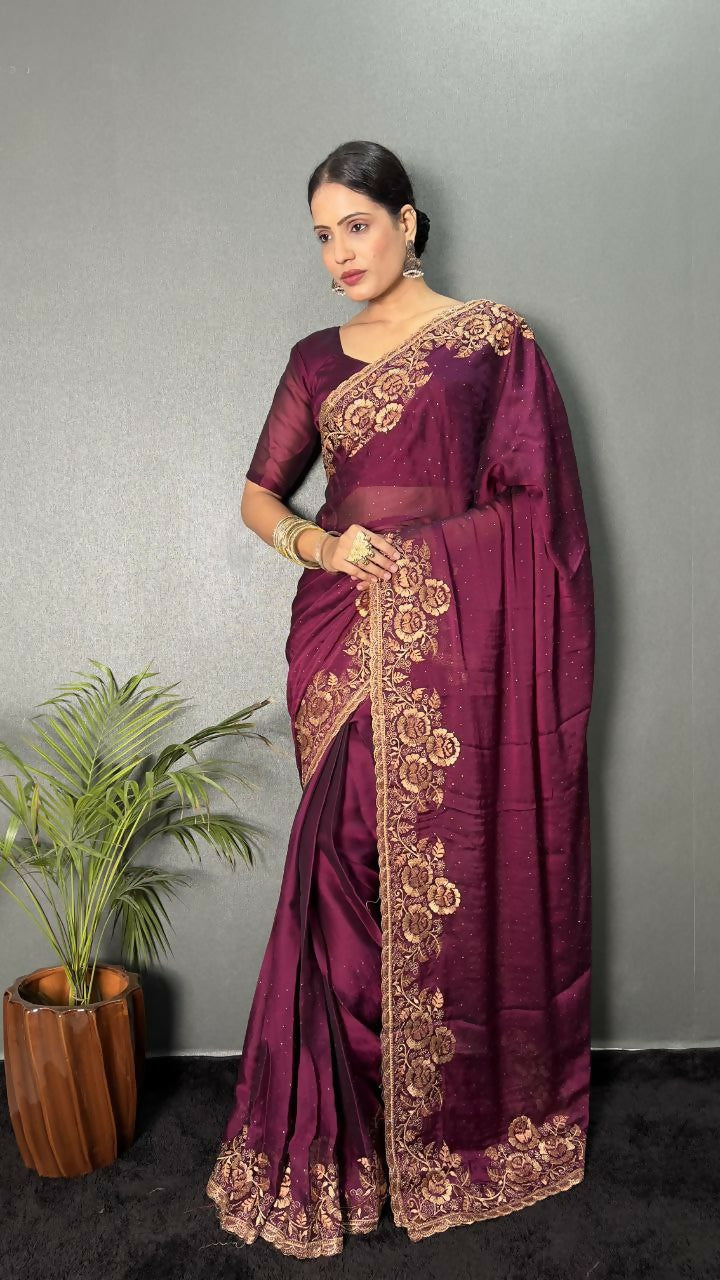 Vastranavya Wine Rangoli Silk Zari work with DMC Swarovski work Ready to Wear Saree