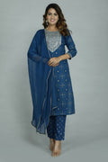 Alvano Printed Sequence Kurti with Pant and Dupatta set Rayon (Blue)