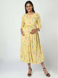 Manet Three Fourth Maternity Dress Floral Print With Concealed Zipper Nursing Access - Yellow