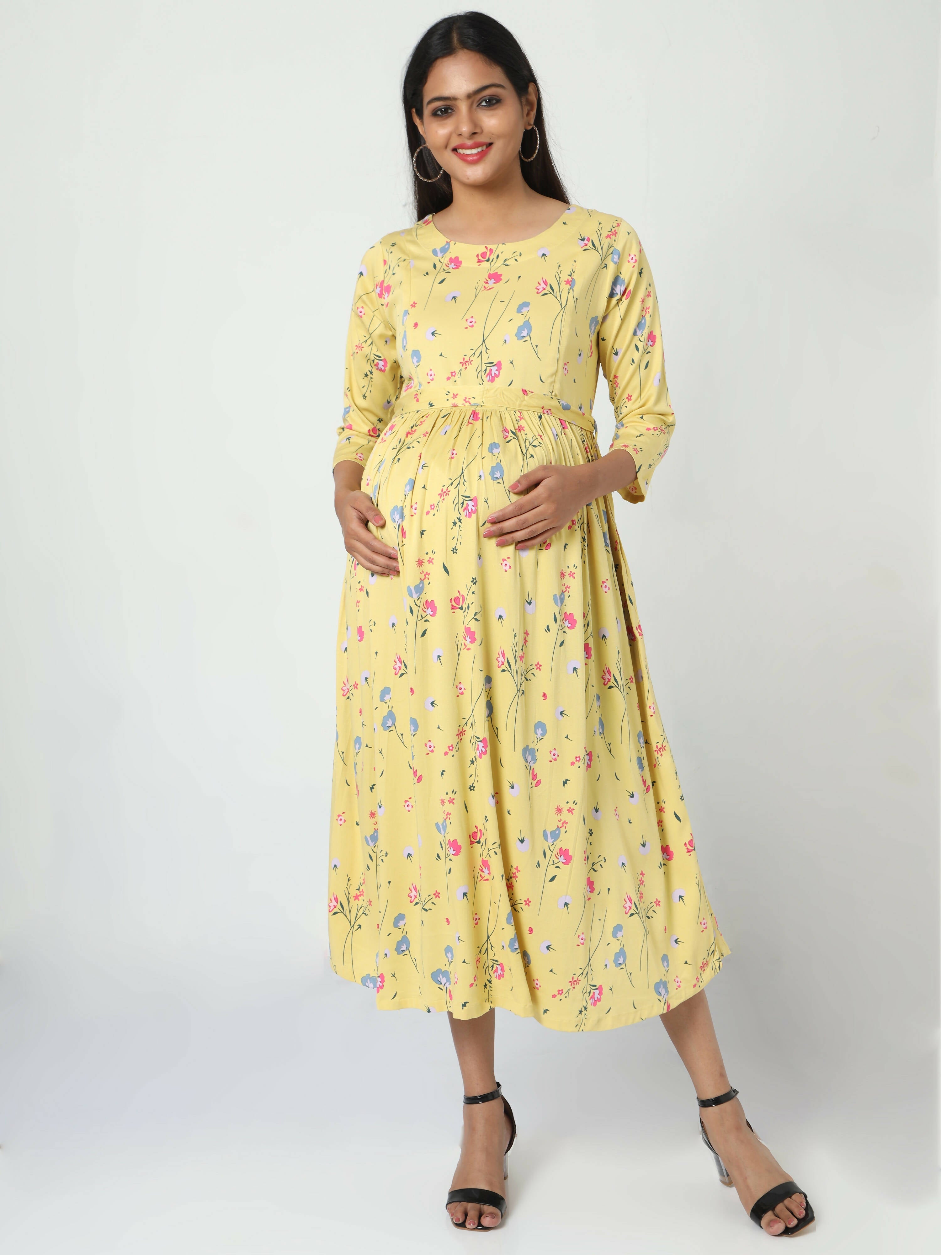 Manet Three Fourth Maternity Dress Floral Print With Concealed Zipper Nursing Access - Yellow