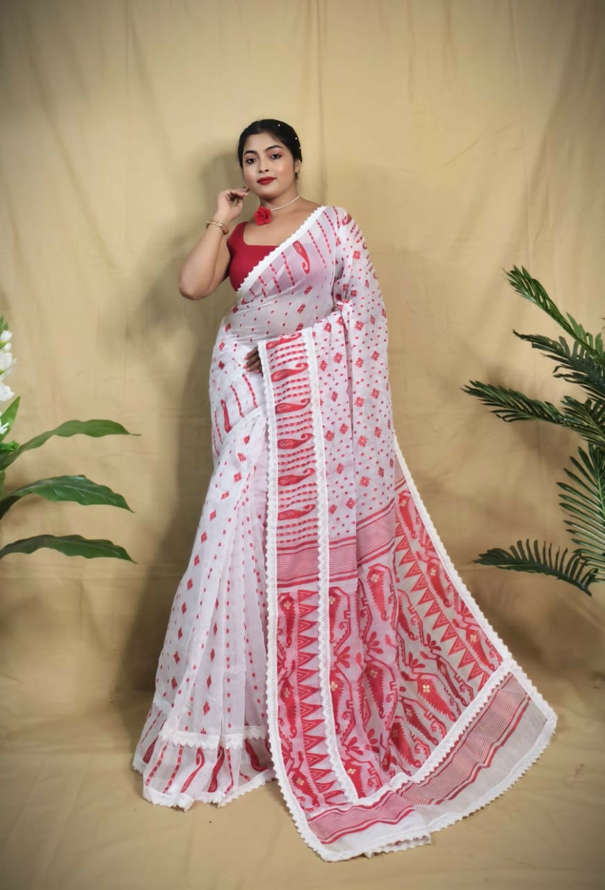 Exclusive Collection Beautiful White Red Jaal Jamdani Saree
