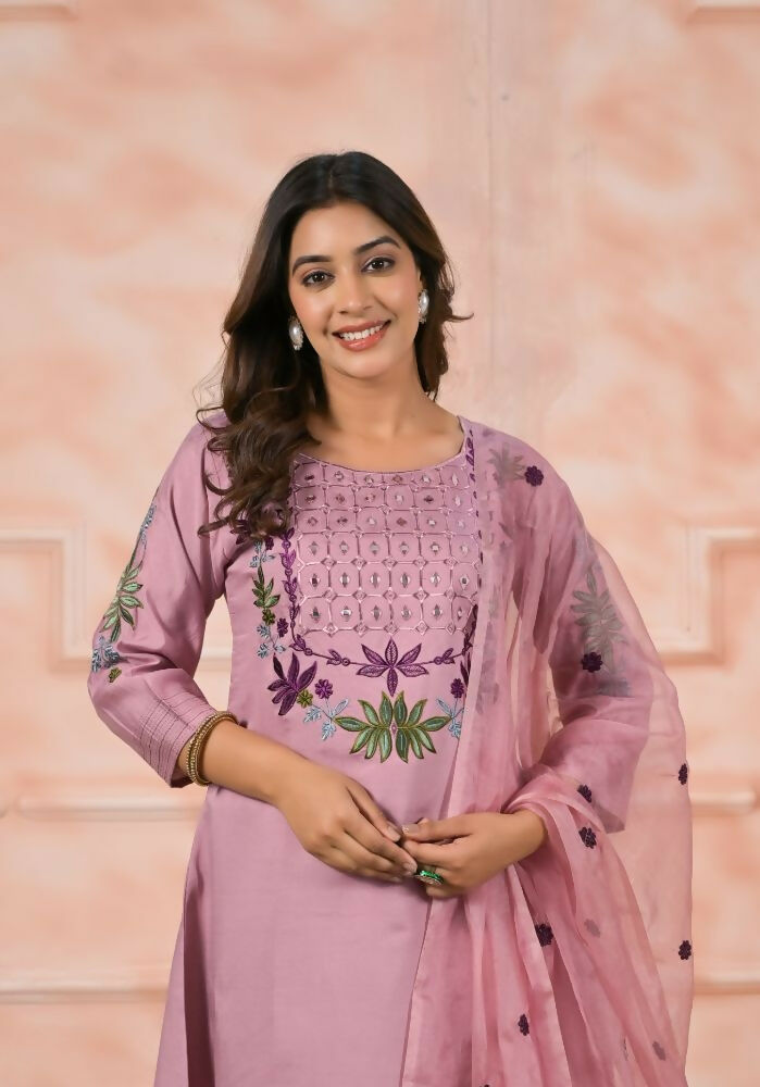 Ethnic Festive Wear Chanderi Slik Pink Stitched Suit With Dupatta - Anbazaar