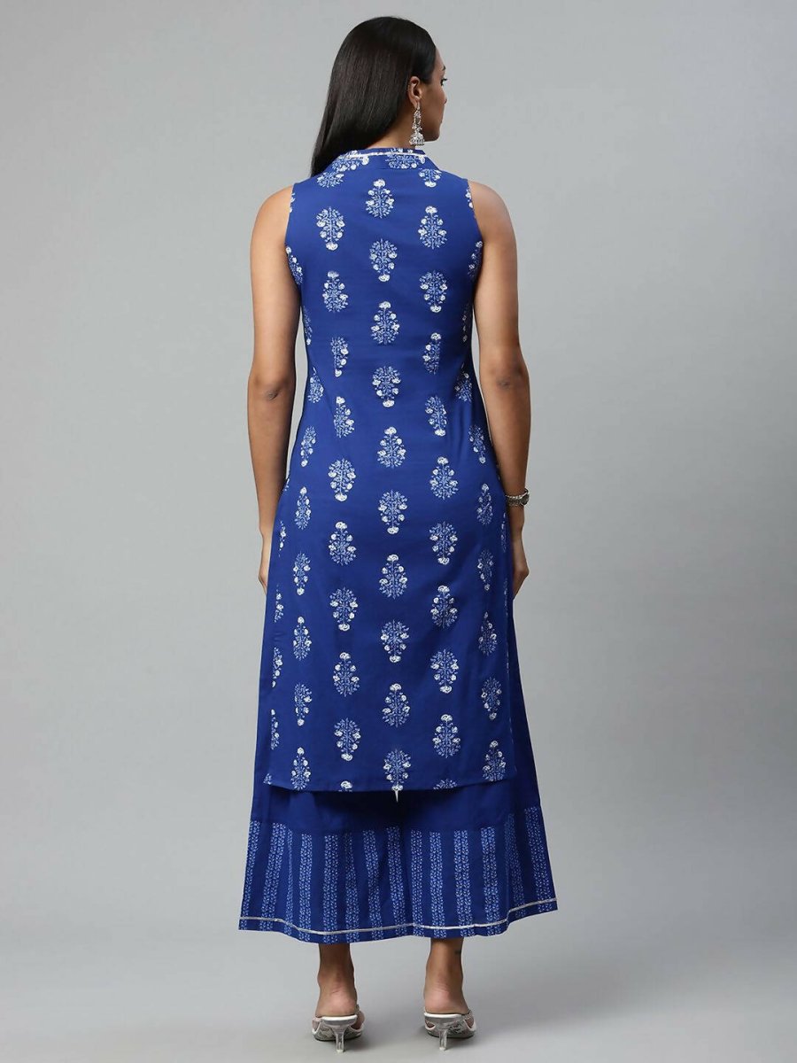 Ahalyaa Womens Indigo Blue Pure Cotton Printed Kurta Palazzo Set