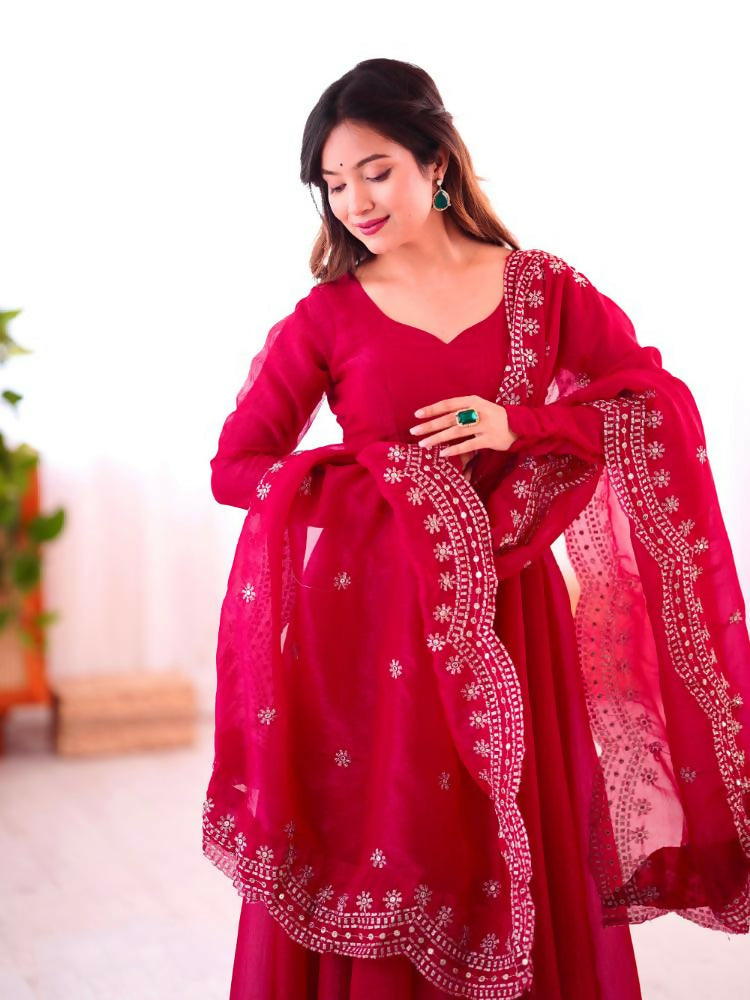 Joban Fashion Red Chinnon Silk Sequence Embroidery Work Readymade Kurta Set